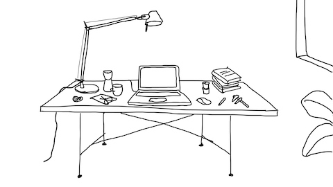 A black and white line drawing of the desk in Keiji Takeuchi's home studio, drawn by the designer. He's been working from home since Milan went on lockdown to slow the spread of coronavirus.