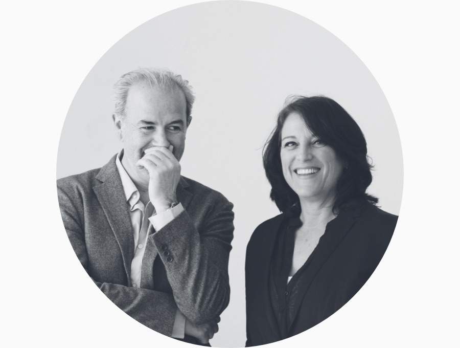 A black and white profile portrait of designers Kim Colin and Sam Hecht of Industrial Facility.