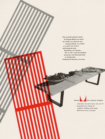 Nelson Bench print advertisement by Irving Harper for Herman Miller, 1950 Nelson Bench print advertisement by Irving Harper for Herman Miller, 1950