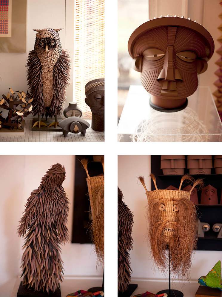 Four images of Irving Harper sculptures, including an owl and a man's head.