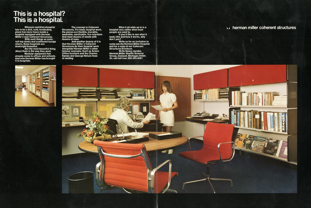 Archival bi-fold brochure advertisement for Coherent Structures, black background, white typeface. Center photo is Action Office System in red table, two Eames Aluminum Chairs in orange, two clinicians talking. Small photo on the upper left is of Co/Struc System in hospital hallway.