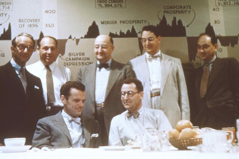 Back row, left to right: Alfred Auerbach, Jim Eppinger, D.J. De Pree, Max De Pree, George Nelson Seated, left to right: Charles Eames, Hugh De Pree