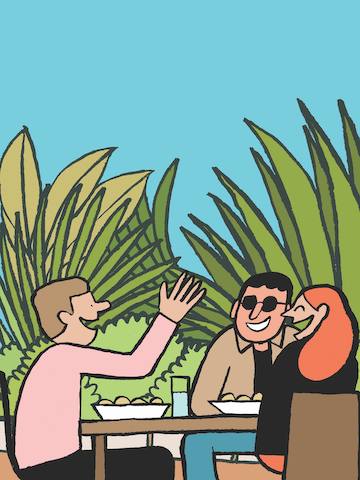 A cartoon of two men and one woman laughing while seated at a table. Translated copies of Design the Life You Love