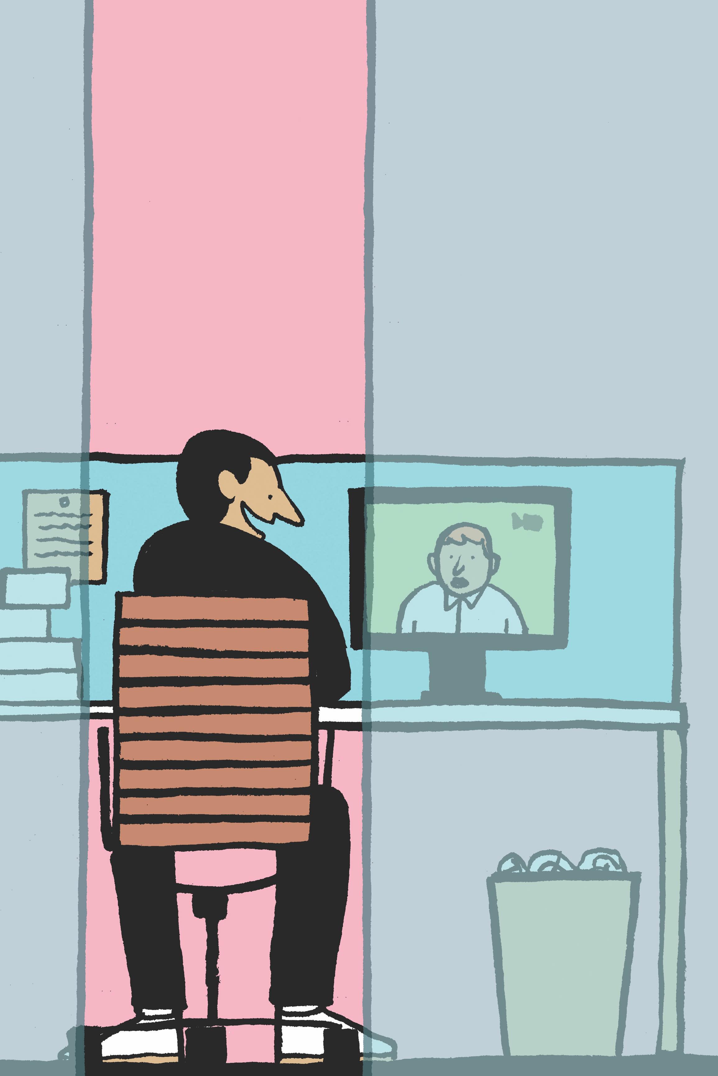 A cartoon of a man interacting with a colleague whose face appears on his computer monitor.