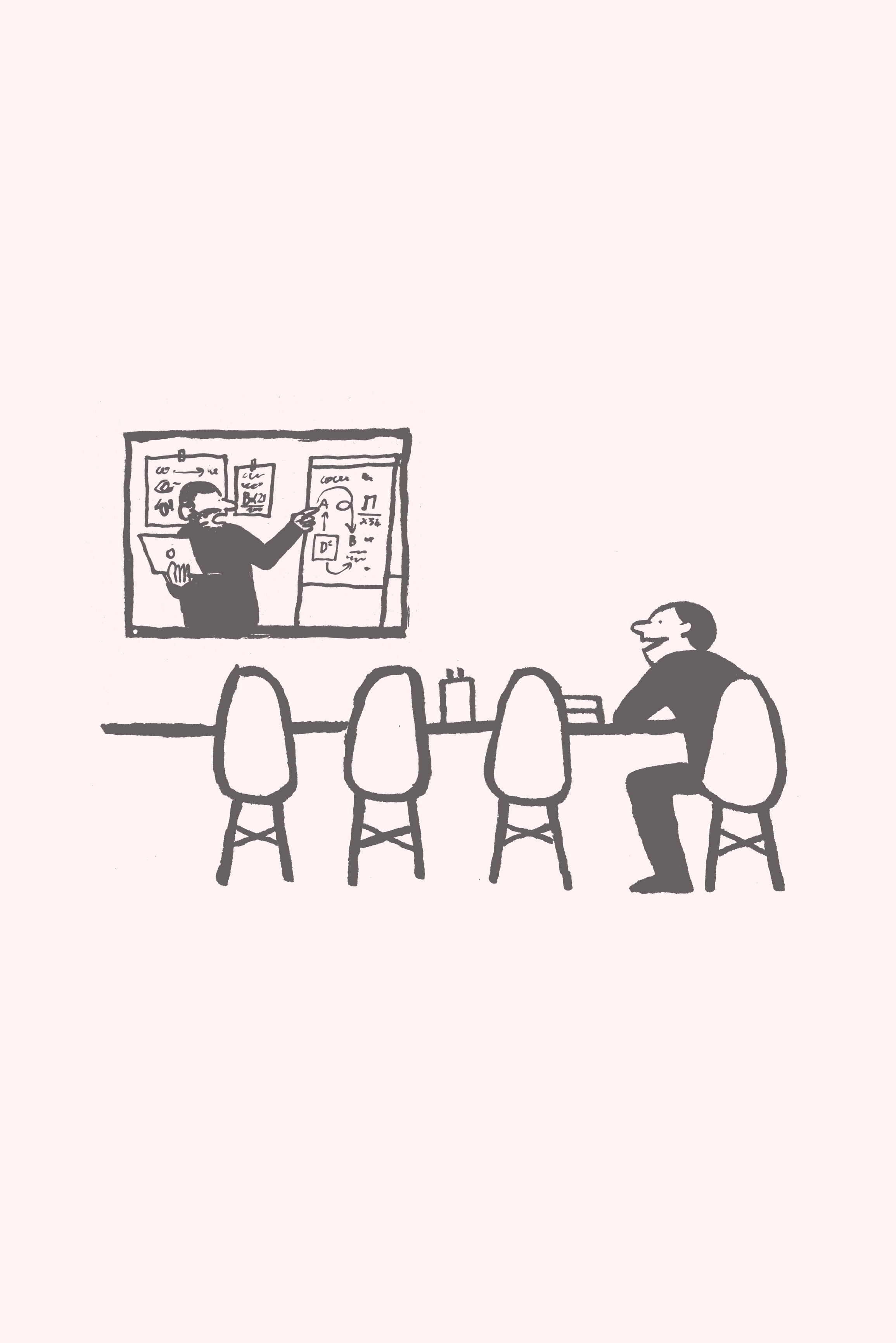 Eine Karikatur eines Mannes, der an einer Videokonferenz teilnimmt, während Sie an einem Tisch in einem Konferenzzimmer gesetzt werden.