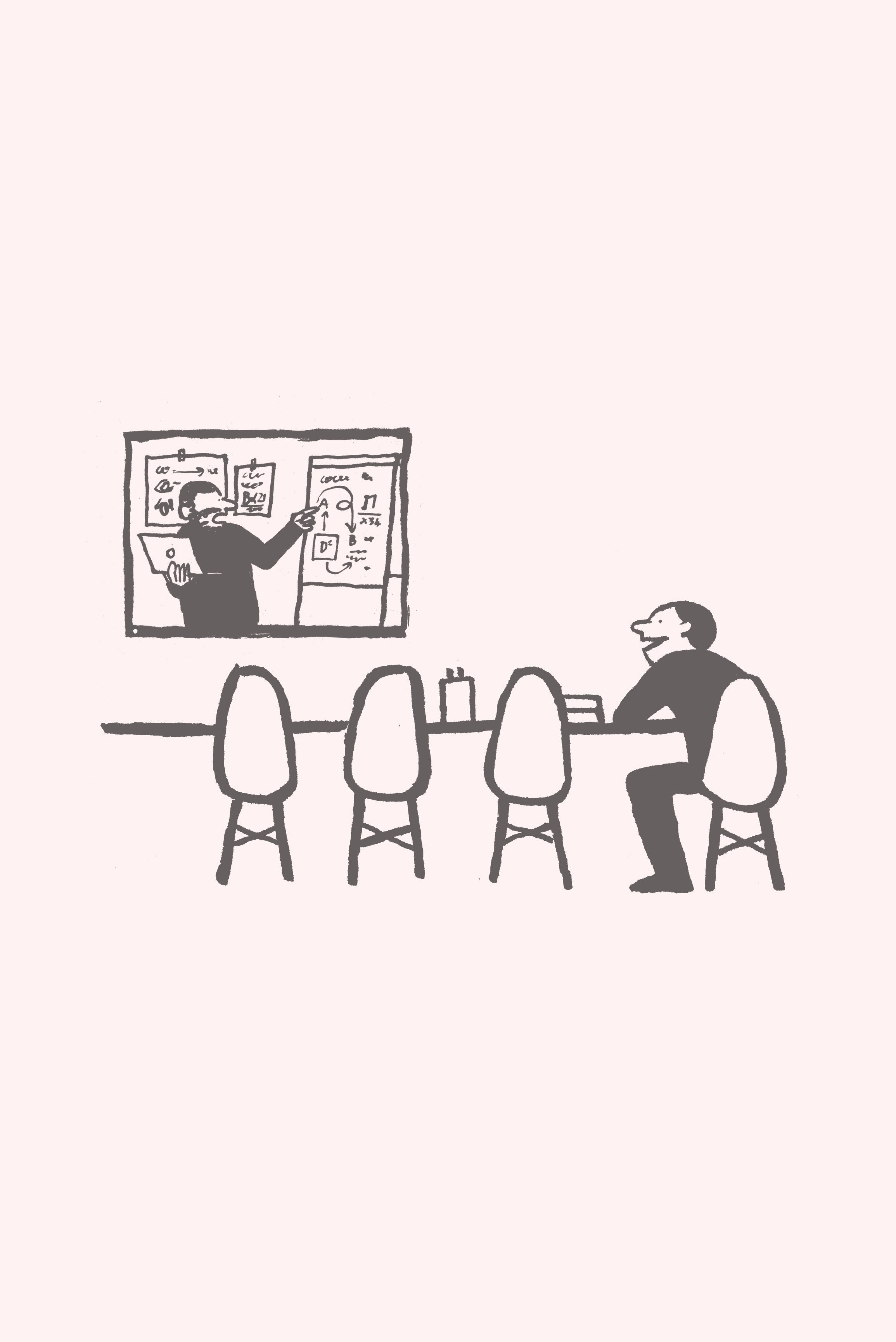 A cartoon of a man participating in a video conference while seated at a table in a meeting room.