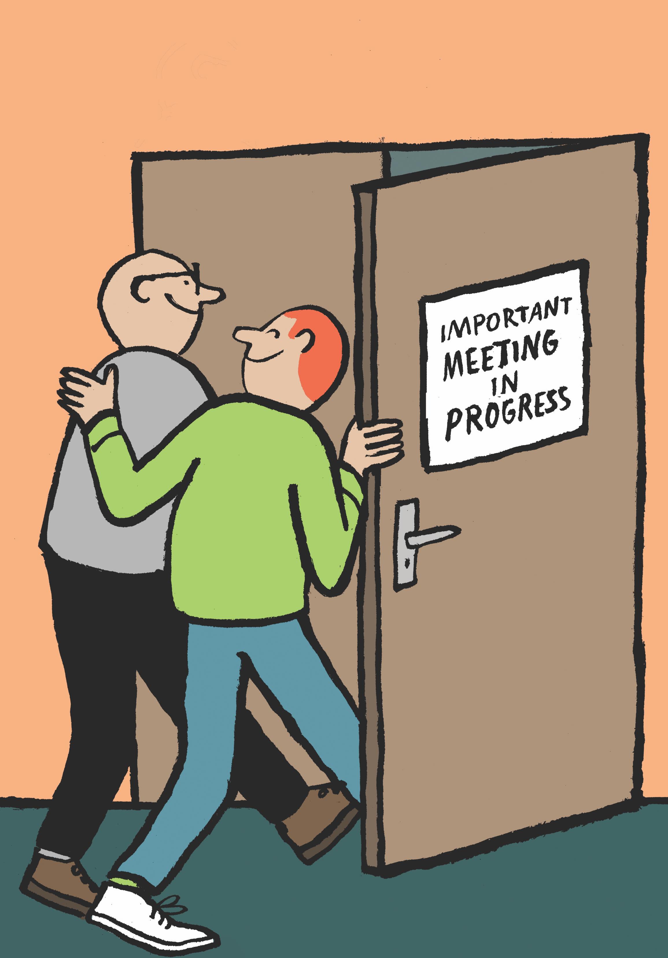 A cartoon of two men entering a meeting room.