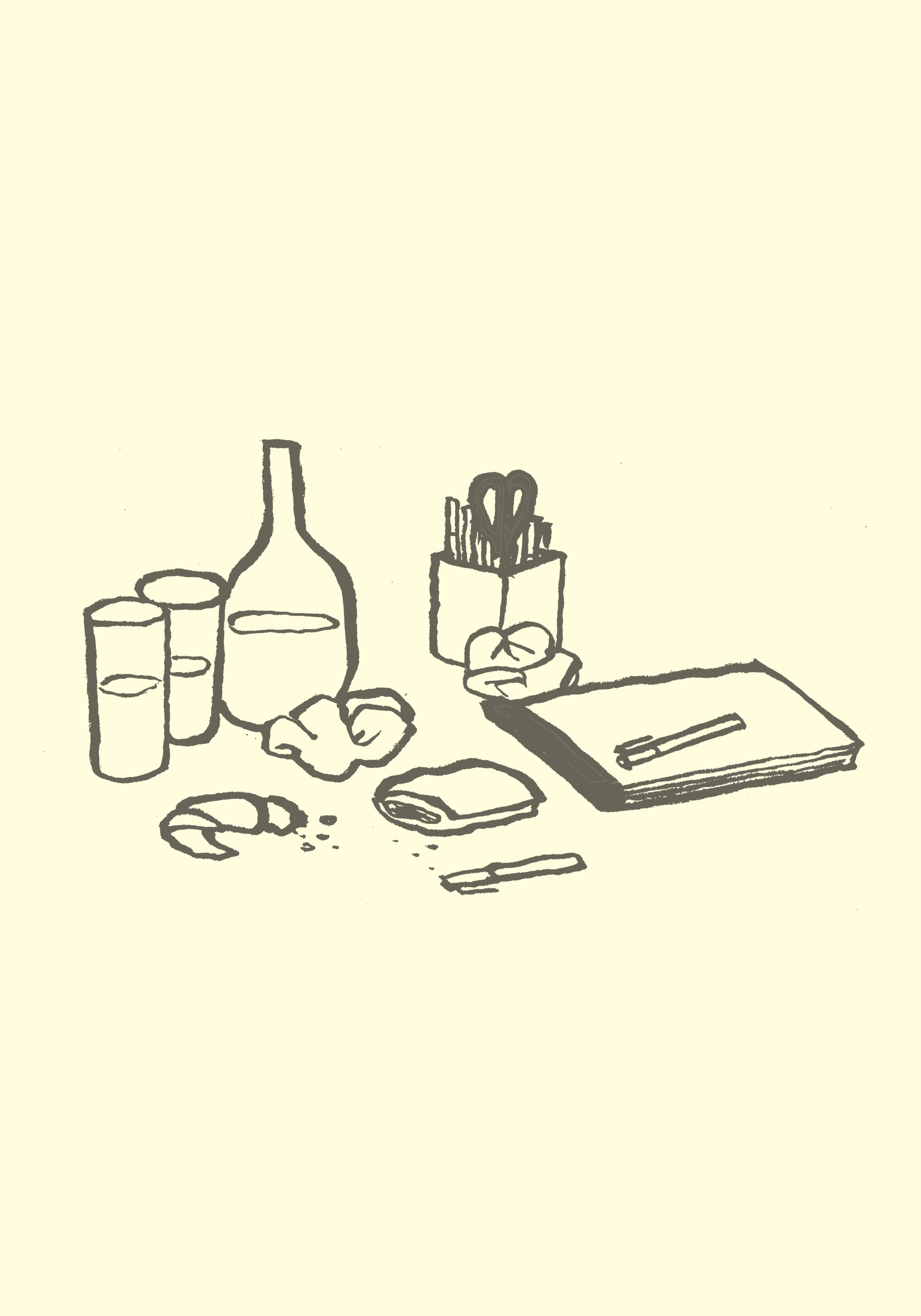Eine Karikatur, welche die Reste einer Sitzung, einschließlich Imbisse, Stifte, Schreibensauflagen und Getränkgläser zeigt.