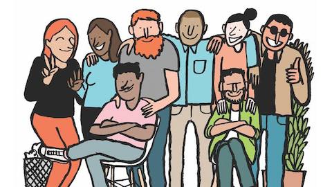 Eine bunte Karikatur von acht fröhlichen Männern und von Frauen. Wählen Sie, um zu einem Artikel über das Treffen von Meetings zu gelangen.