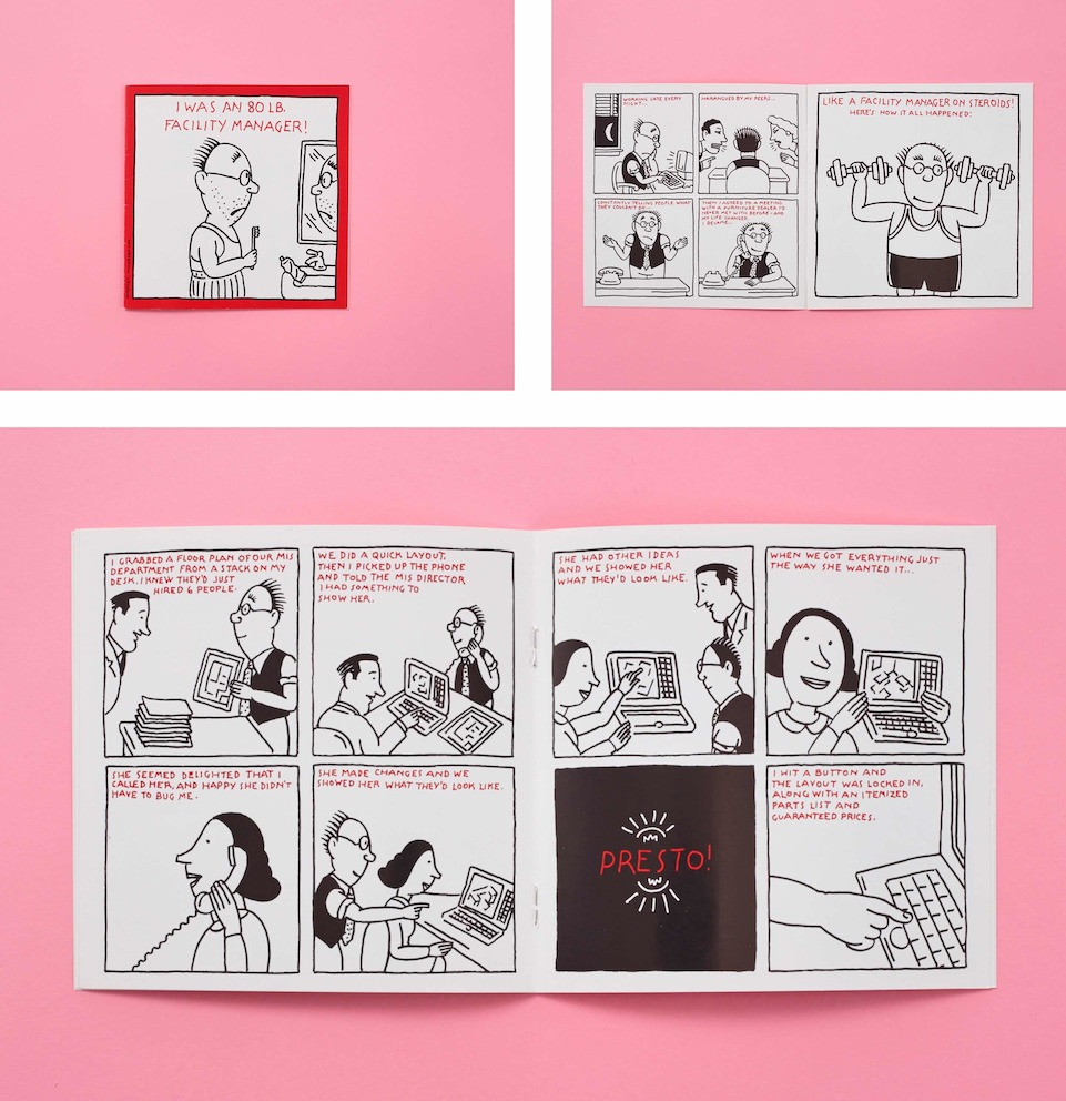 Comic book-like illustrations by Chwast for a brochure advertising Herman Miller's SQA products for facility managers.