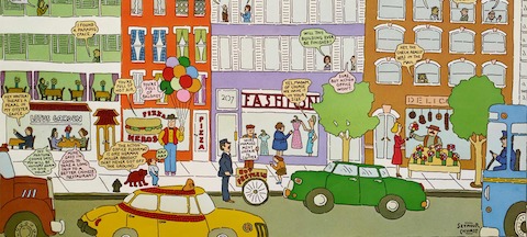 A cartoon depiction of a busy streetscape.