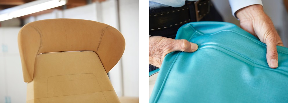 Left: Ava's comfortable molded headrest model; Right: RF welding seams aids in infection control