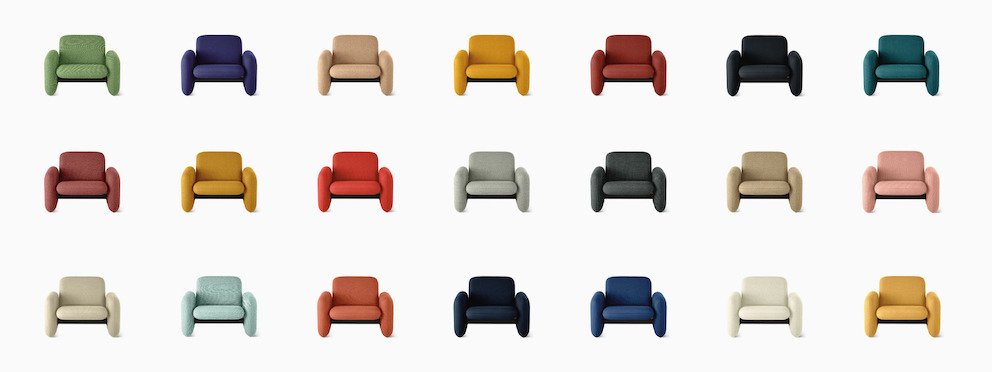 A seven-wide by three-high arrangement of Wilkes Modular Sofa Group Chairs in a variety of colors. A seven-wide by three-high arrangement of Wilkes Modular Sofa Group Chairs in a variety of colors.
