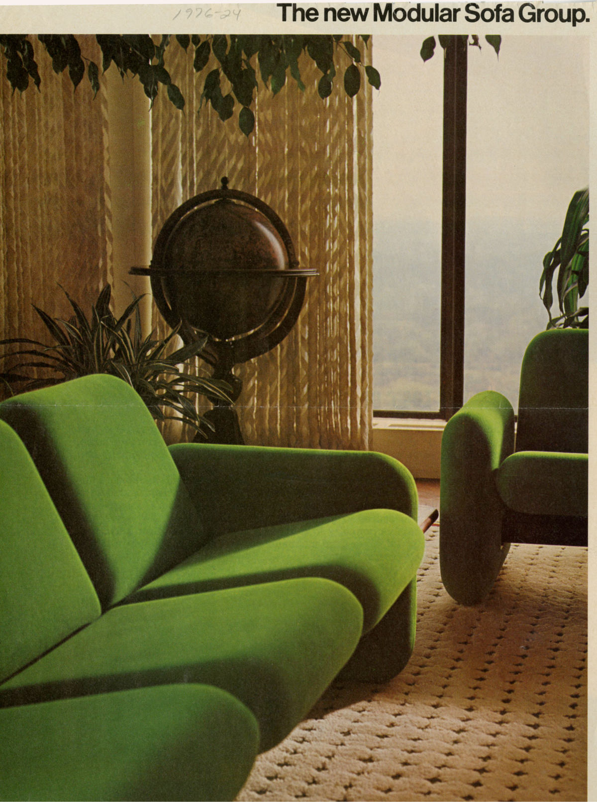 “The new Modular Sofa Group” brochure from 1976 featuring two green Wilkes Modular Sofas perpendicularly placed in an office with a globe.
