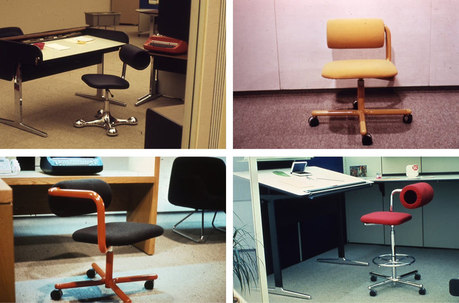 Composite of four photos featuring the Wilkes Rollback Chair in various configurations, materials, and finishes in staged office settings.