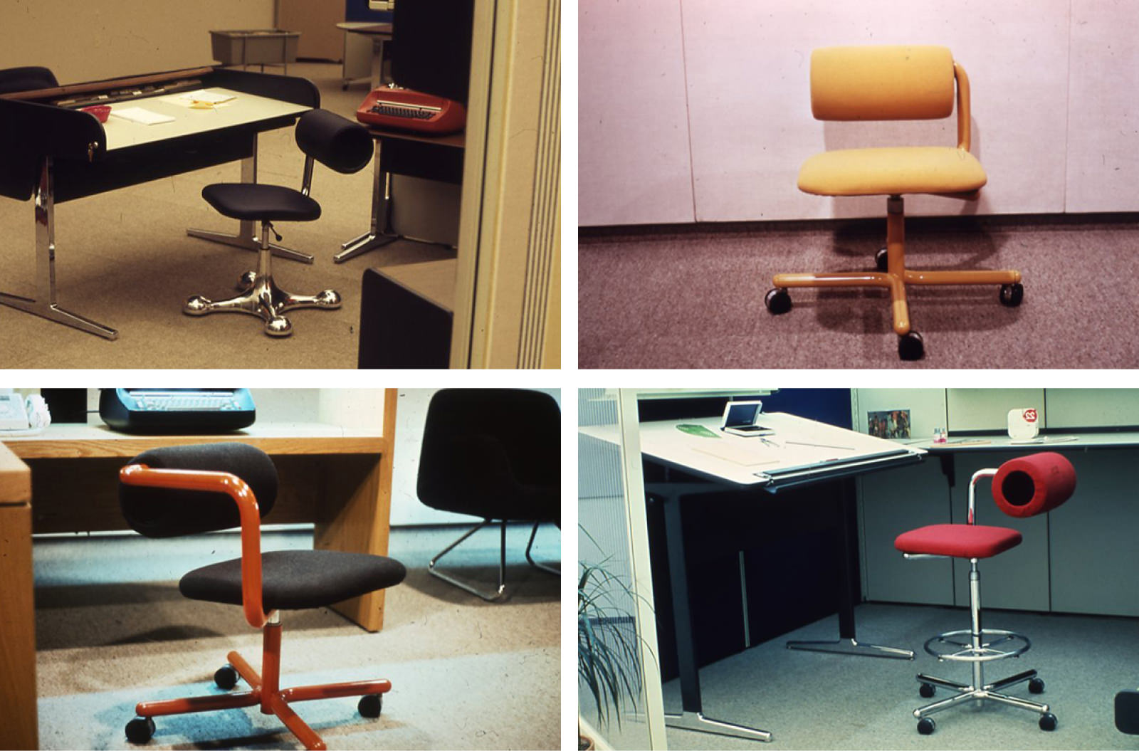 Composite of four photos featuring the Wilkes Rollback Chair in various configurations, materials, and finishes in staged office settings.