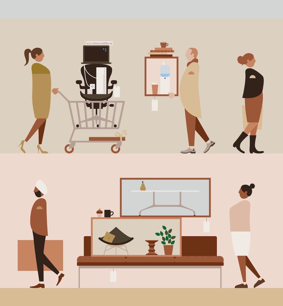 An illustration showing two images of people figuratively shopping for office furniture. An illustration showing two images of people figuratively shopping for office furniture.