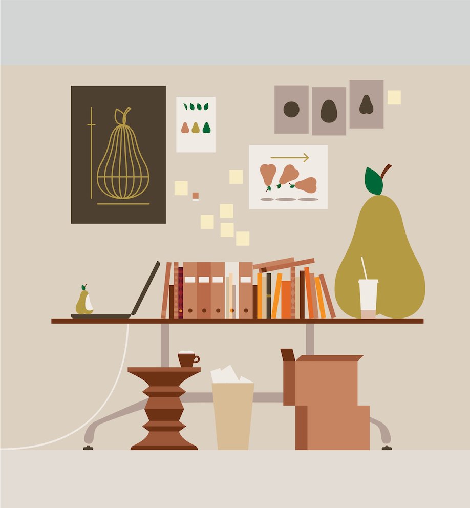 An illustration showing various images of pears in a work setting. An illustration showing various images of pears in a work setting.
