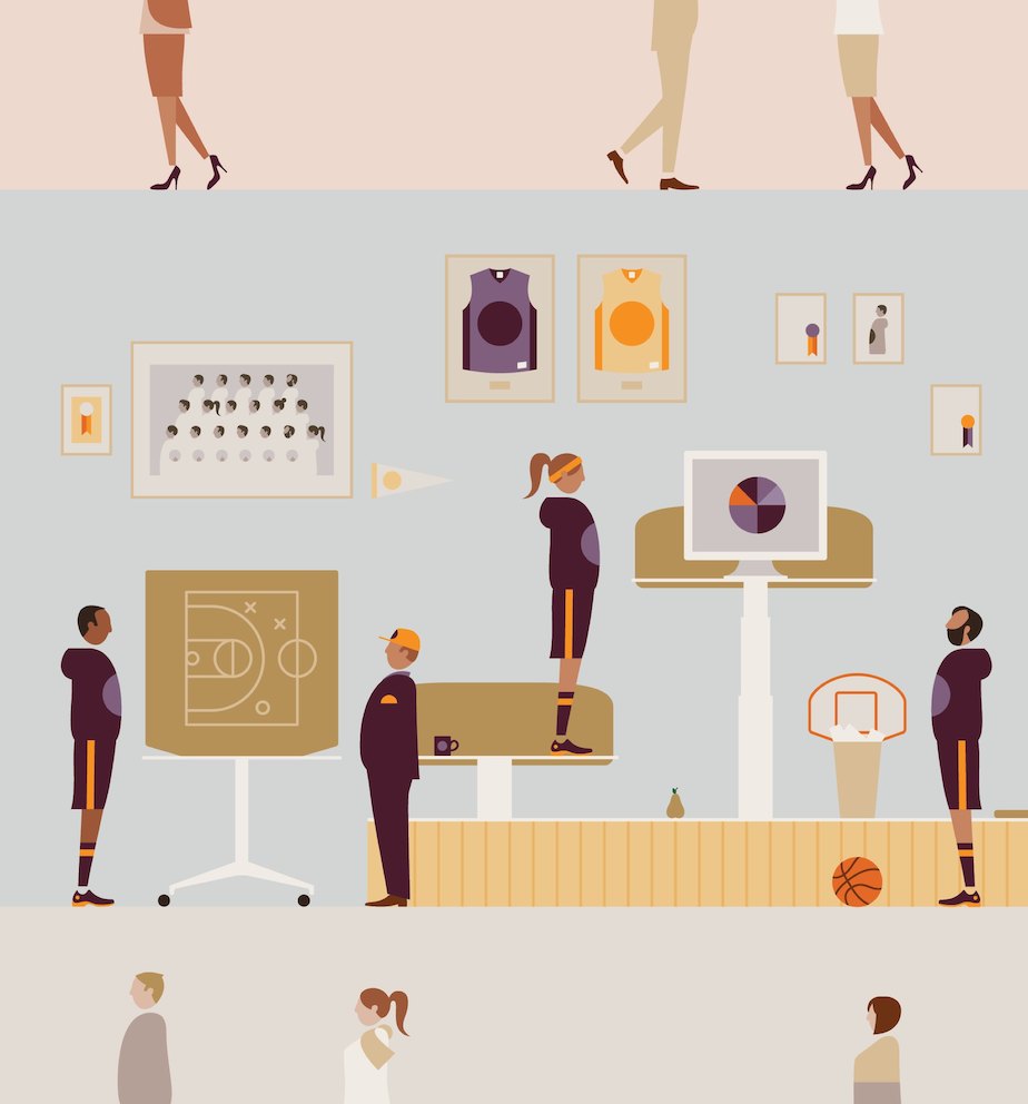 Una ilustración que muestra imágenes de baloncesto en un entorno de trabajo.