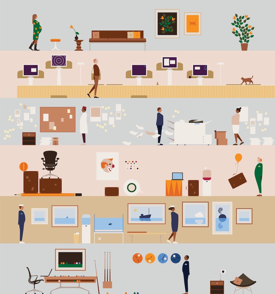 An illustration showing six images of people in abstract work settings. An illustration showing six images of people in abstract work settings.