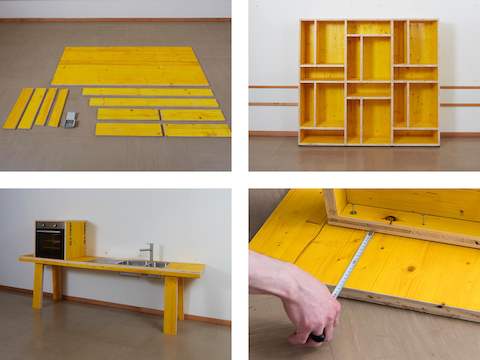 Selection of raw materials, construction, and a completed EOOS Social Furniture project. Selection of raw materials, construction, and a completed EOOS Social Furniture project.