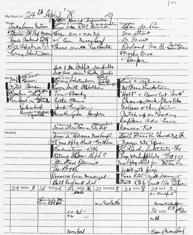 A page from Herman Miller founder D.J. De Pree's activity log for the week of April 24, 1978.