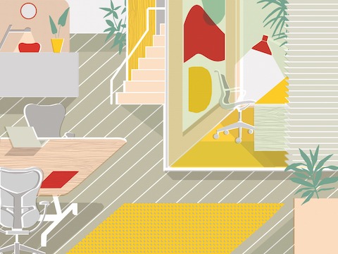 An illustration of furniture in open and enclosed office spaces.