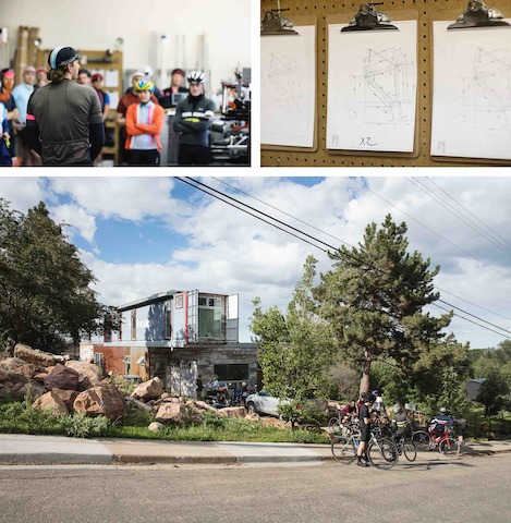 Three images: bicyclists in a meeting, three clipboards on a pegboard, and bicyclists outside a modern house.