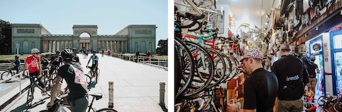 Two images: bicyclists gather near the Legion of Honor Arch in San Francisco and bicyclists peruse a bike shop.