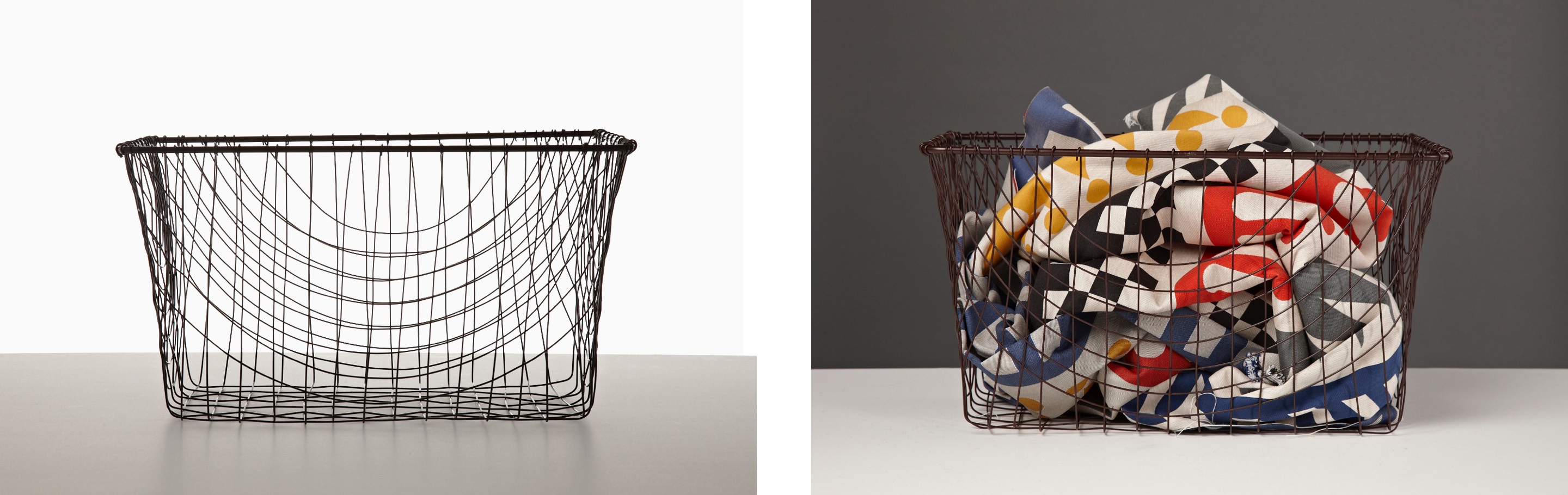 Two images: an empty rectangular wire basket and a rectangular wire basket containing colorful fabric.