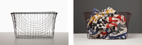Two images: an empty rectangular wire basket and a rectangular wire basket containing colorful fabric. Two images: an empty rectangular wire basket and a rectangular wire basket containing colorful fabric.