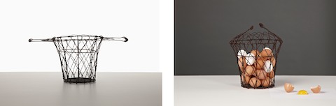 Two images: a collapsible wire basket in the open position and a collapsible wire basket containing eggs. Two images: a collapsible wire basket in the open position and a collapsible wire basket containing eggs.