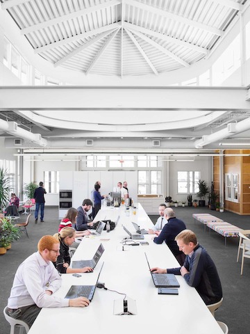A forty-foot-long coffee bar offers a place to socialize and get work done. A forty-foot-long coffee bar offers a place to socialize and get work done.