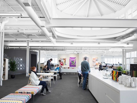 A playful mix of classic and contemporary designs offers a diverse array of places for people to socialize, converse, and work. A playful mix of classic and contemporary designs offers a diverse array of places for people to socialize, converse, and work.