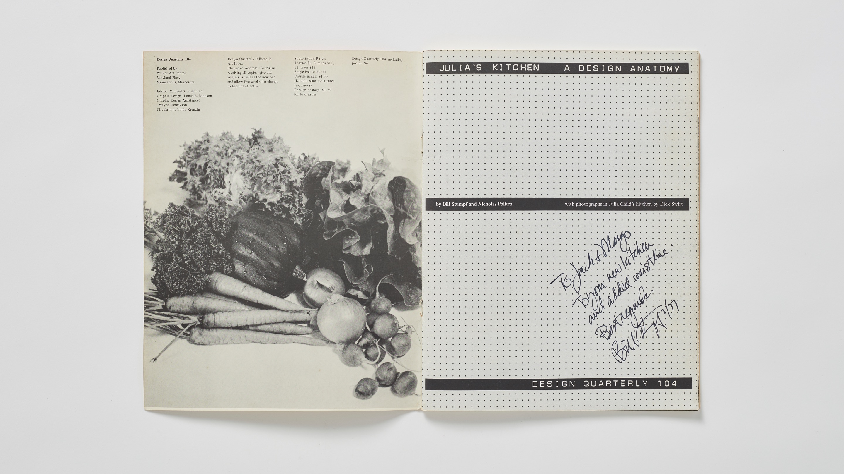 Two pages from Design Quarterly featuring Julia Child's kitchen. Select to play a video.