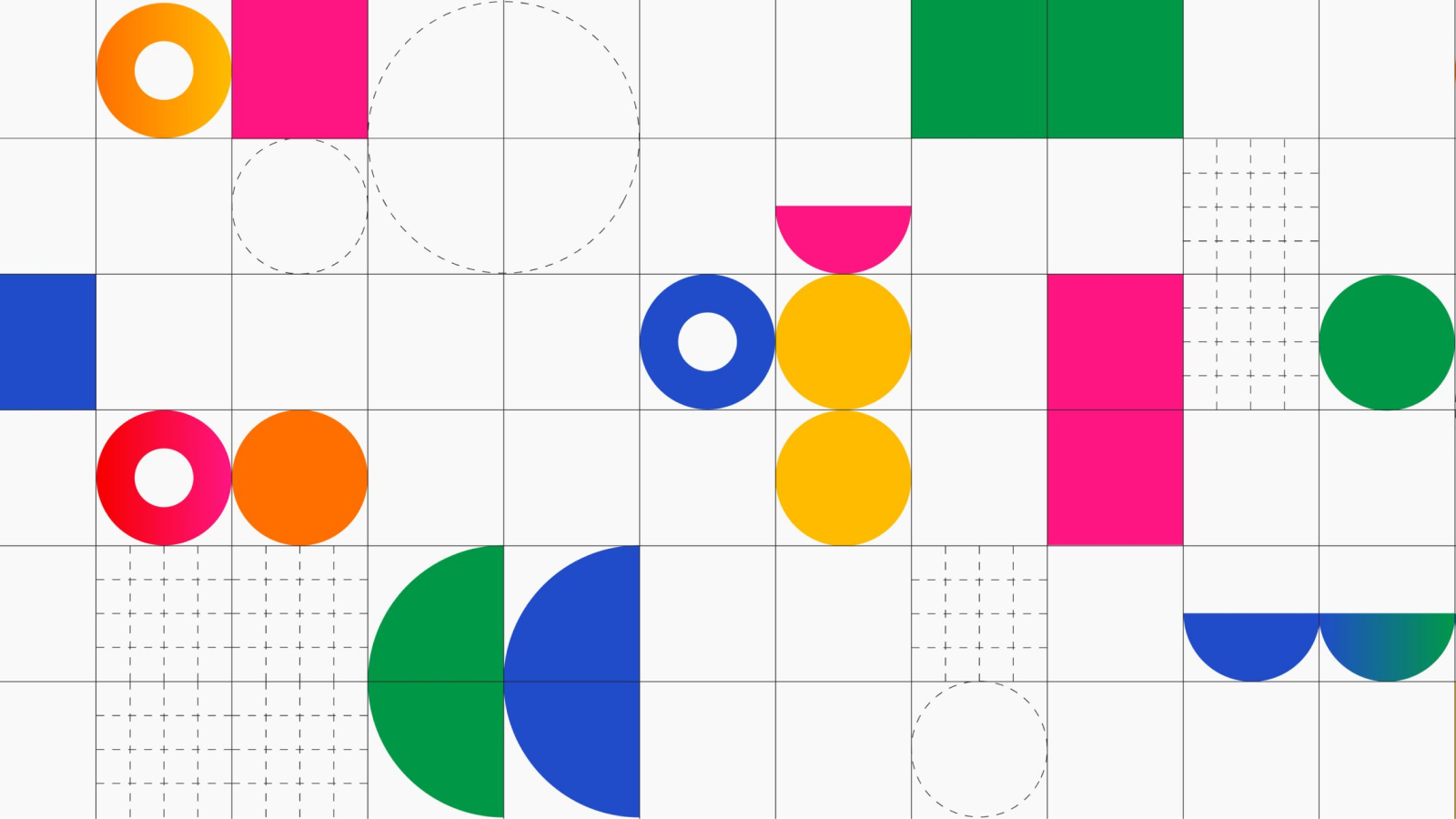 Brightly colored shapes randomly placed on a grid, symbolizing components coming together to create flexible office settings.