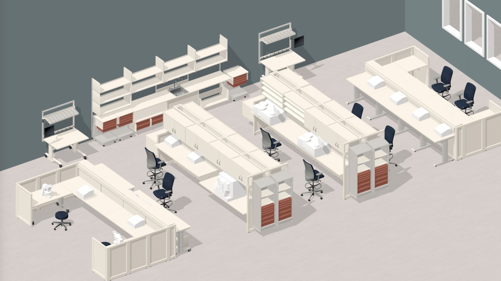 Illustrated image of a laboratory with Co/Struc System and Verus Chairs and Stools. 